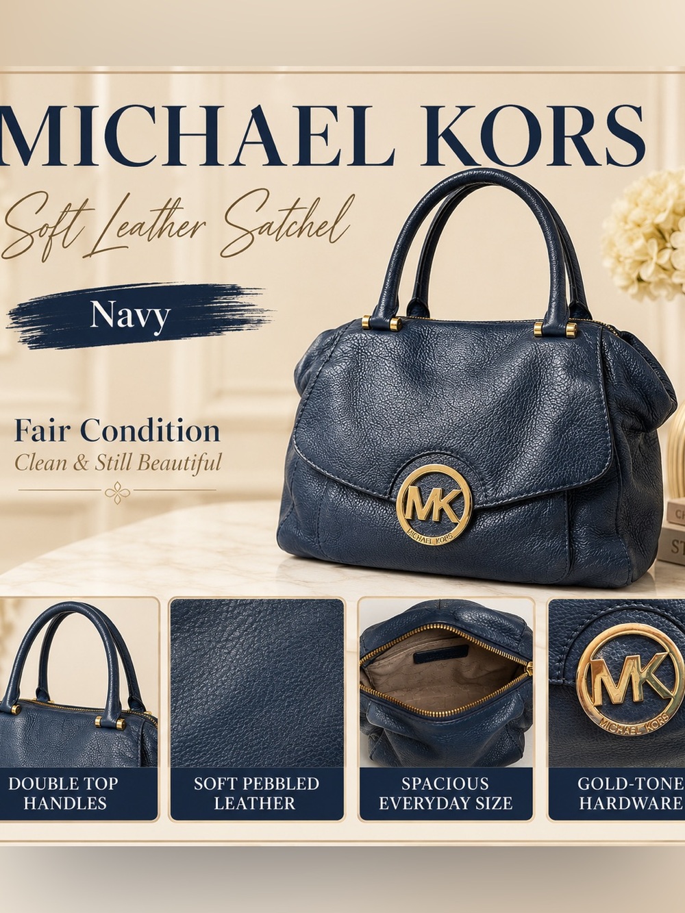 Michael Kors Navy Pebbled Leather Top-Handle Satchel with Gold Hardware